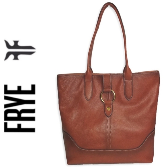 FRYE Cognac Brown Leather Ring Tote Handbag Purse Bag Carryall Large
